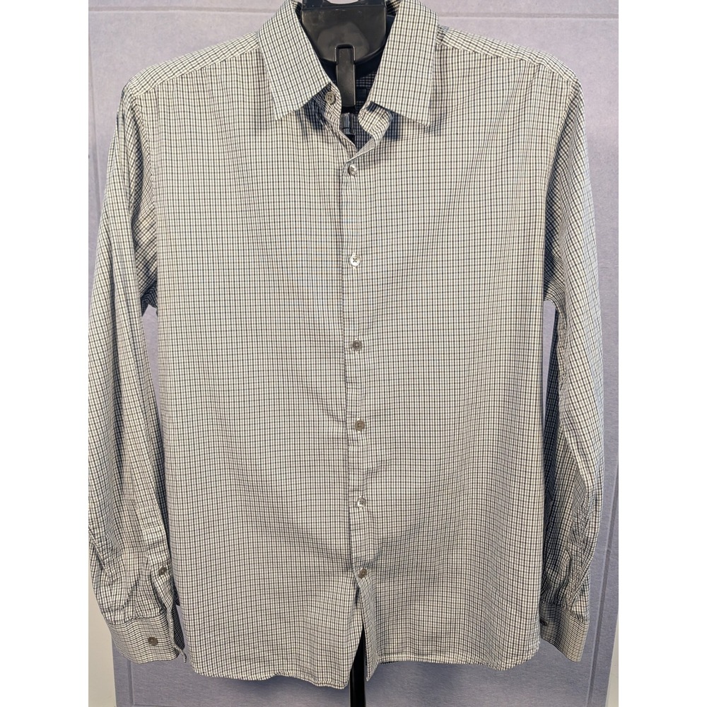 Theory Button Down Shirt Mens L Blue White Gingham Stretch Good